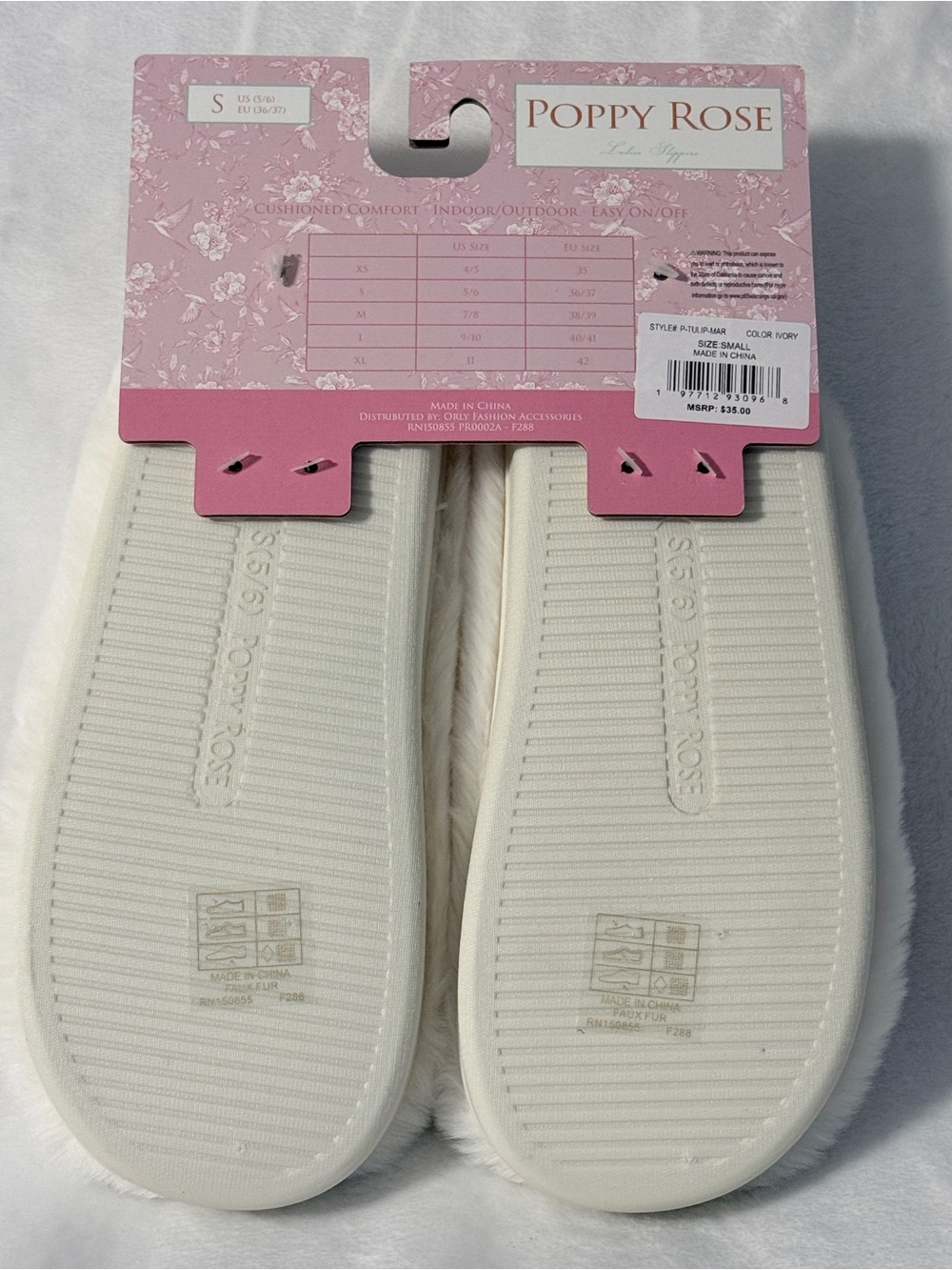 Women's White Faux Fur Slippers with Pink Tulip Accents - Picture 2 of 3